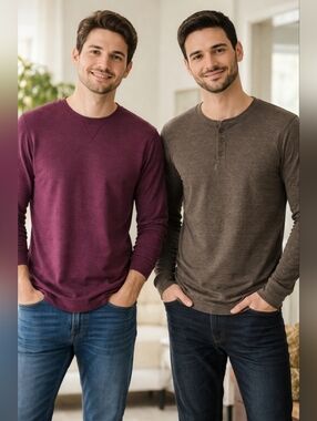 2 Men's Long Sleeved Shirts Medium Calvin Klein & Old Navy Maroon & Brown Henley